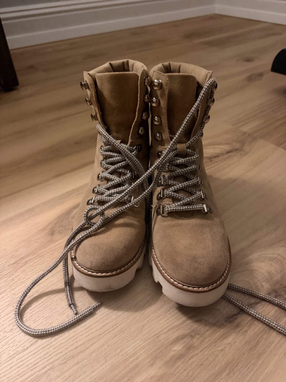 Women's Tan Suede Lace-Up Ankle Boots with Platform Lug Sole